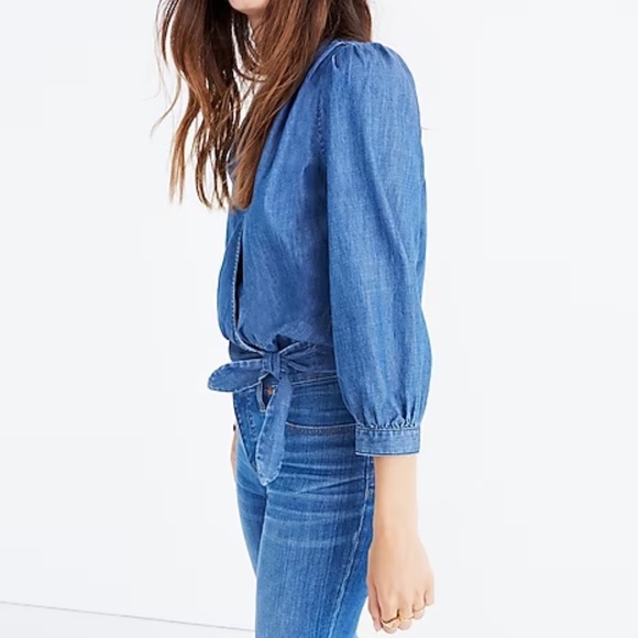 Madewell Denim Wrap Top in Blue Chambray Sz L - Picture 3 of 10